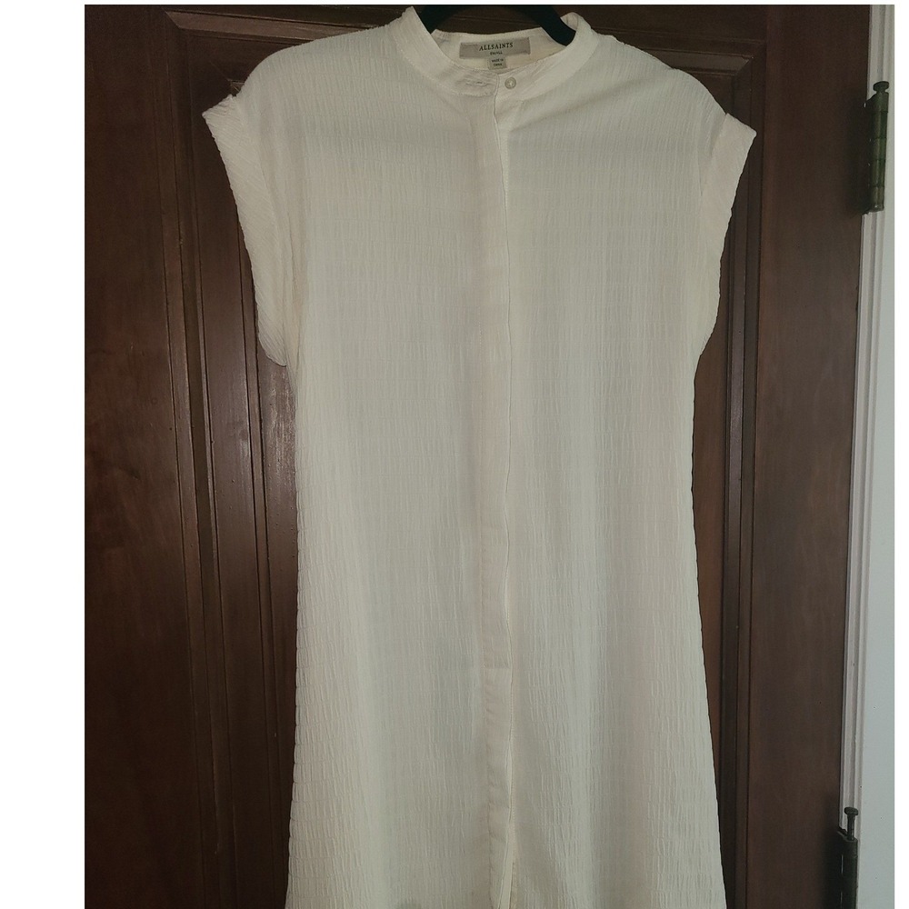 AllSaints Meda Textured Shirt Dress White Sleeveless Smocked Band Collar Small